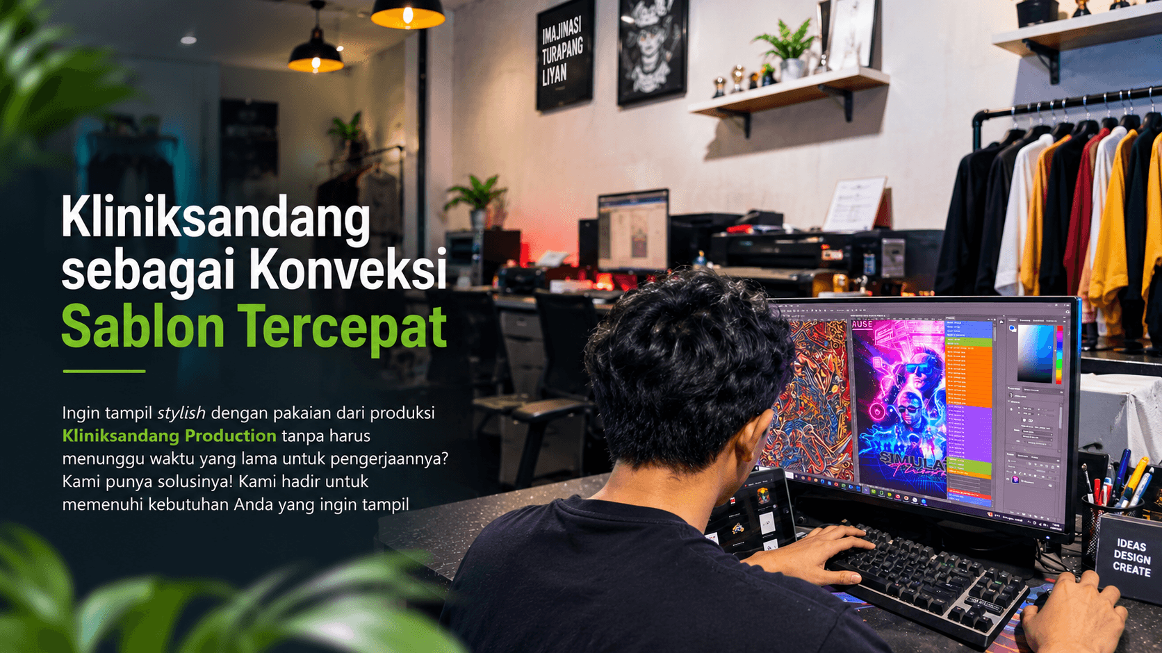 Fasilitas manufaktur apparel modern dengan mesin jahit industri dan tekstil premium — slide 1