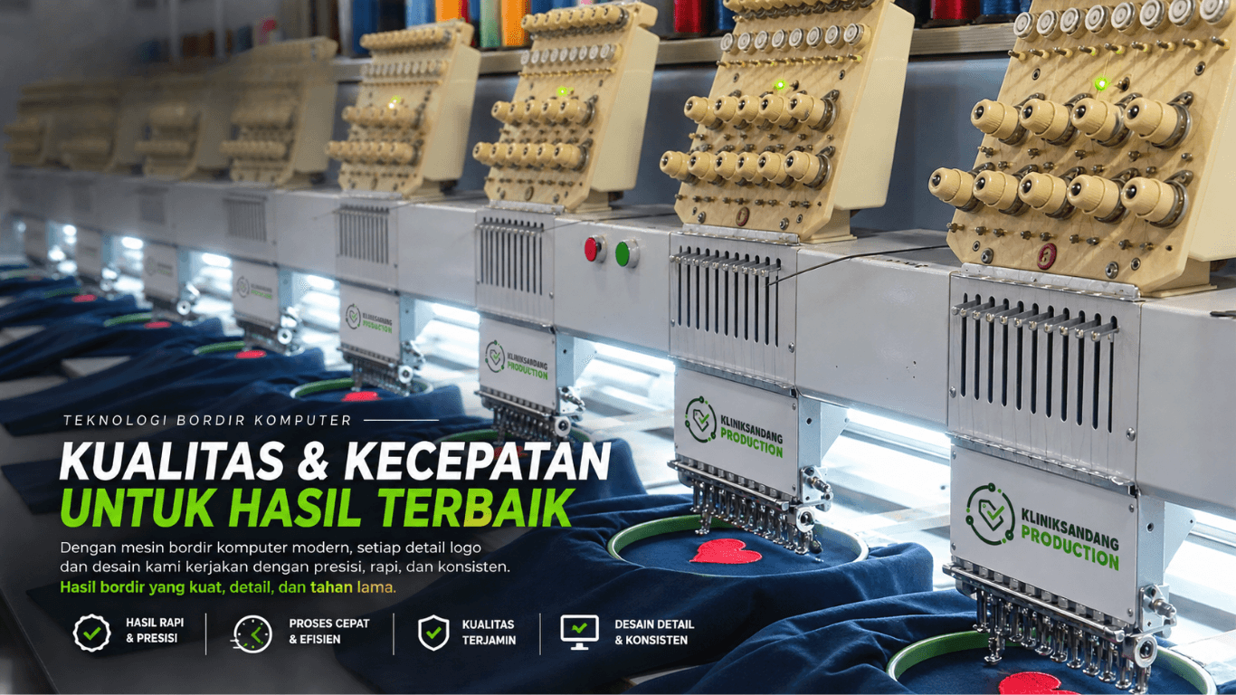 Fasilitas manufaktur apparel modern dengan mesin jahit industri dan tekstil premium — slide 2